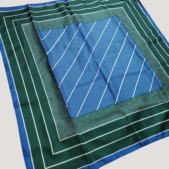 Silk Scarf Handkerchief Vintage Green Blue Striped Polka Dot - Picture 1 of 12